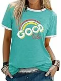 WIEIYM Tshirt Damen Rundhals Kurzarm T-Shirts Sommer T Shirts Good Vibes Regenbogen Brief Gedruckt Lässig Tee Shirts Oberteile Tops,Aqua,S