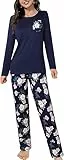 Evolyline Damen-Pyjama-Set, langärmelig, Rundhalsausschnitt, Loungewear, weites Bein, 2-teiliger Pyjama, gemütliche Nachtwäsche, Navy Print, L