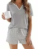 Demegimi Schlafanzug Damen Kurz Baumwolle Sommer Pyjama Zweiteiliger Pyjama Set Gestreift Weicher Shorty Hausanzug V-Ausschnitt Nachtwäsche