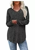 WIHOLL Pullover Damen Tunika Oberteile Top V-Ausschnitt Langarmshirt Weich Herbst Winter Casual Curved Saum Leichte Longshirt Damen Grau 2XL