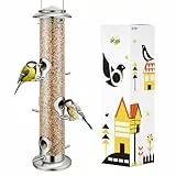 iBorn Vogelfutterspender - 38cm Metall Futterspender mit 6 Anflugplätzen - Futterhaus zum Aufhängen für Vögel -Wildvogel Futterstation - Futtersäule - Wildvögel Futtersilo- Nickle
