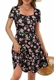VOTEPRETTY Damen Sommerkleid Kurzarm Leicht Quadrat Ausschnitt Blumen Kleid mit Taschen Freizeit Strandkleid L