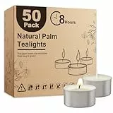 Ashlux Unscented Palm Teelichter 50 Pack Bulk, 8 bis 9 Stunden lang brennende weiße Teelichter, Non-Paraffin, rauchfrei, Mini Teelicht Kerzen für Hochzeit, Tisch Centerpiece, Party, Stromausfälle