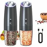 CIRCLE JOY Elektrische Salz und Pfeffermühle Set Schwerkraft USB Wiederaufladbar Automatische Gewürzmühlen mit Weißem LED-Licht, Einstellbare Grobheit und 135ml Waschbarem Behälter, Schwarz
