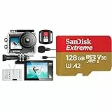 Exprotrek Action Cam,4K 30fps Ultra HD & SanDisk Extreme microSDXC UHS-I Speicherkarte 128 GB + Adapter (Für Smartphones, Actionkameras und Drohnen, A2, C10, V30, U3, 190 MB/s, RescuePRO Deluxe)