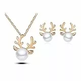 FDEETY Damen Schmuck Sets 925 Sterling Silber Weihnachten Tropfen Perlen Elch Halskette Ohrringe für Valentinstag Hochzeitsgeschenk, Gold
