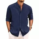 Yageshark Hemd Herren Leinenhemd Langarm Sommerhemd Button Down Stehkragen Hemden Freizeithemd Casual Regular Fit Strandhemd Leinen Shirt(Marine,L)