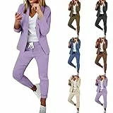 EMATOP Zweiteiler Damen Elegant Festlich Hosenanzüge 2 Teilig Sportlich Business Outfit Causal Einfarbig Blazer Lang Hosen Anzug Baumwolle Longblazer Anzughose Freizeitanzug premium marken