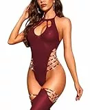 RSLOVE Sexy Dessous für Damen - Fischernetz Bodystocking Catsuit Netz Reizwäsche Nachtwäsche Burgunderrot One Size