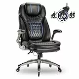 COLAMY Chefsessel aus Atmungsaktivem Leder – Ergonomischer Bürostuhl mit Taschenfederkern-Sitzkissen, Flip-up-Armlehnen& Leisen Rollen für Homeoffice und Büro, Schwarz