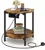 IRONCK Beistelltisch rund, Couchtisch mit Steckdose, Kleiner Tisch Holz, Wohnzimmertisch 2 Ablagen,Sofatisch,USB & Type-C-Anschluss, Metallrahmen, Nachttisch für Schlafzimmer (Vintagebraun, 1 Stück)