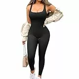 Jetjoy Damen Sport Jumpsuit Lang Yoga Armellos Workout Bodysuit Einteiler Ganzkörperanzug Jumpsuit eng Eckigem Ausschnitt Gerippte Jumpsuits Sportanzug Einteiliger