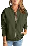 GeGekoko Zip Sweatshirt Damen übergroße Jacket Sweatshirt Einfarbige Loose Langarm Tops Oberteile mit Tasche,Armeegrün,XL