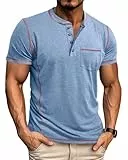 LAOARA T-Shirts Herren Henley Shirt Kurzarm V Ausschnitt Sommer Sport mit Tasche Knopfleiste Slim Fit Hemd Blau XL