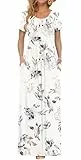 AUSELILY Damen Kurzarm Sommer Casual Long Maxi Kleider mit Taschen Weiße Blumen M