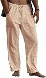 Kvruhuiy Herren Lang Leinenhose Baumwoll Casual Kordelzug Reißverschluss Freizeithose Strand Sommerhose Khaki XXL