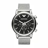 Emporio Armani Watch For Men, Chronograph Movement and 46mm Case Size with Stainless steel, Leather or Silicone strap Silberton und Schwarz , 46MM