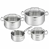 Tefal Duetto + 3 Töpfe 16/20/24 cm, 1 Stielkasserolle 16 cm aus Edelstahl, 3 Glasdeckel, Messmarkierungen, Ausgießrand, kompatibel mit allen Herdarten, backofenfest und spülmaschinenfest