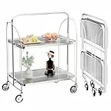 PFCTART Servierwagen mit Rollen, Servierwagen Klappbar, Dinett 2 Tier Ablagekorb aus Temperglas with Wheels, für Küche, Barwagen, Rollwagen Metall, Teewagen, Weinwagen, moderner Getränkewagen