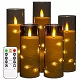 Da by LED Kerzen mit Eingelassener Lichterkette，Batteriebetriebene Kerzen mit Fernbedienung und 24 Stunde Timer，Flackernde Led Kerzen Für Weihnachtsdekoration Heimdekoration(Grau, 5er-Set)