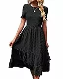 BebreezChic Damen Sommerkleid Maxikleider Kurzarm Rundhals Swiss Dot Rüschen Falten Einfarbig Casual Elegant Cocktailkleid, Schwarz M