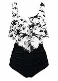 Aidotop Damen Badeanzug Rüschen Zweiteilige High Waist Bikini Retro Sätze mit hoher Taille Bademode Strandkleidung (1black Coconut, XXL)