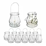 Relaxdays Windlicht, 12er Set, aus Glas, Henkel zum Aufhängen, innen & außen, Teelichthalter, HxD 10x8,5 cm, transparent