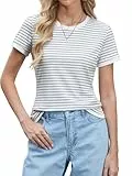 BAISHENGGT T Shirts Damen Tops Sommer Rundhals Oberteile Farbkontrast Basic Bluse Kurzarm Tshirt Top Business Outfit Weiß Streifen M