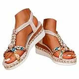 Generisch Damen Sommer Sandalen Flache Sandalette Bohemia Sandals mit Strass Perlen Freizeit Strand Schuhe Orthopädische Sandalen Casual Ankle Elastic Flip Flops Geflochtene Beige 38