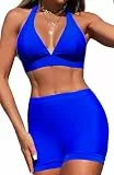 SEAUR Bikini Damen Set Neckholder mit Badeshorts Zweiteiliger Badeanzug V Ausschnitt Bikini Top Sexy Einfarbig Bademode Sommer Strand Pool Swimsuit - M