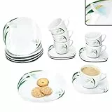 MamboCat 18tlg Kaffeeservice White Calla I Florale stilvolle Porzellan-Geschirr mit Blumen-Dekor für 6 Personen I Je 6X Tassen 150ml, Untertassen & Teller für Frühstück & Kaffee