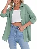 Aottori Musselin Bluse Damen Oversize Hemdbluse Oberteile Langarm Hemd Longbluse Langarmshirt Elegant V-Ausschnitt Baumwolle Lockere Blusenshirt Blusen Tunika mit Tasche #Grün M