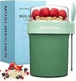 Mitsemmo Müslibecher to Go,Müsli Cup to Go Becher,Joghurtbecher to Go mit Löffel,Cornflakes to Go,Müslibecher Müslidose Müslischale Frühstücksdose Müslibox,Joghurt to Go Becher (560ml+230ml-Grün)