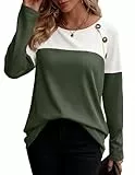 Zeagoo Damen Tshirt Rundhals Langarmshirt Herbst Farbblock Oberteile Freizeit Tuniken Basic Tops mit Knöpfen Waffelstrick T-Shirt Armeegrün S