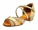 missfiona Mädchen Latein Tanzschuhe Kinder Glitzer Salsa Ballsaal Schuhe mit Leder Sohle(35 EU, Gold)