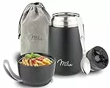 Milu® Thermobehälter für Essen 650ml, Edelstahl Warmhaltebehälter mit Löffel, Thermobecher Essen, Thermo Lunchbox für Kinder, Erwachsene, Thermobox Suppen, Babybrei, Speisebehälter Schwarz, 650ml