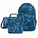 coocazoo Schulrucksack-Set Mate „Breaking Waves“ 3-TLG., blau, ergonomischer 30L Tornister, höhenverstellbar mit Hüftgurt für Kinder ab der 5. Klasse, inkl. Federmäppchen und Sporttasche