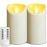 OSHINE 2 Stück Kunststoff Flammenlose Kerzen D7.6 xH15cm Flackernde LED - Säule Kerzen Batterie betriebene Led Kerzen mit Fernbedienung und Timer für Camping Decoration Elfenbein Party