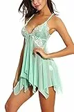 ONGASOFT Sexy Dessous Set FüR Damen Freches Unterwäsche Babydoll Mit Offenem Frontverschluss V-Ausschnitt Und G-String, Grün