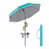 SONGMICS Sonnenschirm 160 cm, Strandschirm, Sonnenschutz UPF 50+, beidseitig um 30° knickbar, höhenverstellbar, Ablagefläche, Haken, für Strand, Garten, ohne Ständer, blau GPU0080Q01