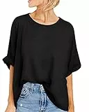 GeGekoko Damen T-Shirt Sommer Kurzarm Rundhals Oberteil Locker Frauen Casual Lose Tops Elegant Bluse,Schwarz,XL