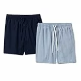 Amazon Essentials Herren Pyjama-Shorts, Kurz, Baumwoll-Stretch-Popeline, 2er-Pack, Marineblau/Thin Stripe, L
