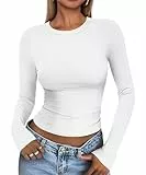 Cuptacc Langarmshirt Damen Eng Rundhalsausschnitt Tshirt Langarm Dehnbar Atmungsaktiv Oberteile Damen Kurz Lightweight Longsleeve Top Mädchen Weiß XS