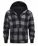 geeksport Fleecejacke Herren Sweatjacke Männer mit Kapuze Warme Kapuzenjacke Gefüttert Winterjacke Kariertes Hoodie mit ReißVerschluss, 0569-Grau 2XL