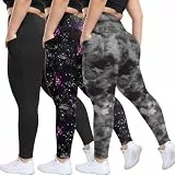 HLTPRO 3er-Pack Leggings in Übergröße mit Taschen für Damen, hohe Taille, Bauchkontrolle, weiche Yogahose für Fitnessstudio, Workout, Schwarz, Schwarz/Sternengalaxie/Schwarz mit Batikfärbung