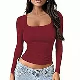OOHOKAY Langarmshirt Damen U-Ausschnitt Basic Oberteile Y2K Slim Fit Tshirt Crop Tops Lässige Streetwear(Wein rot-U1,S)