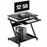 SogesHome Schreibtisch Klein Computertisch mit 4 Rollen 2 Davon mit Bremsen PC-Tisch in Z-Form mit Tastaturauszug für Zuhause und Büro, 60 x 48 cm