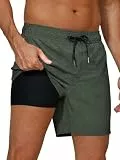 Arcweg Badehose für Herren mit Kompression Liner 2 in 1 Atmungsaktiv Badeshorts Männer Elastisch Trainingsshorts Verstellbar Tunnelzug mit Reißverschlusstaschen Upgrade Militärgrün L(EU)