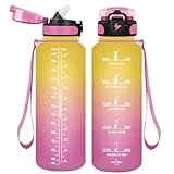 Vikaster Unisex-Adult VK-TY-SDXZG-1500ML-JB-Yellow-Pink-VC 1.5l Strohhalm, BPA Frei, Trinkflasche für Yoga, Fitness, Camping, Outdoor, Gelb-Rosa 1500ml