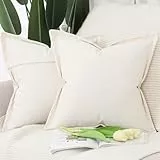 Madizz 2er Set Polyester Leinen Kissenbezügen mit breiter Kante Weiche dekorative Kissenbezüge für Sofa Schlafzimmer Kissenhülle Elfenbein 40x40 cm Quadrat